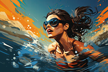 Woman swimming in sunglasses and hair tied back illustration. - obrazy, fototapety, plakaty
