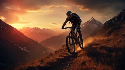 A man in a cyclist's suit is riding through the mountains on a mountain bike at sunset, generative AI




