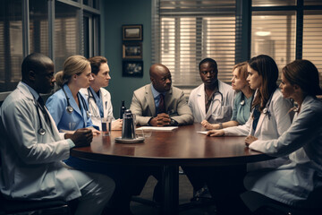 eam of medical workers sitting and meeting with laptops around table. Doctors and staff discussing papers and test results. Healthcare experts handling daily tasks