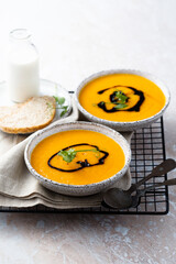 Homemade pumpkin soup with pumpkin oil