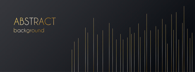 Black abstract vector long banner with golden lines. Minimal luxury creative background with copy space for text. Facebook cover, social media header, web banner
