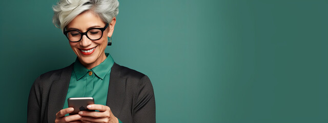 Image of adult mature woman with grey white hair holding cellphone - Powered by Adobe