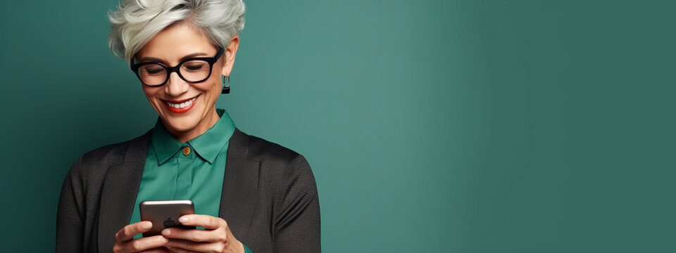 Image of adult mature woman with grey white hair holding cellphone