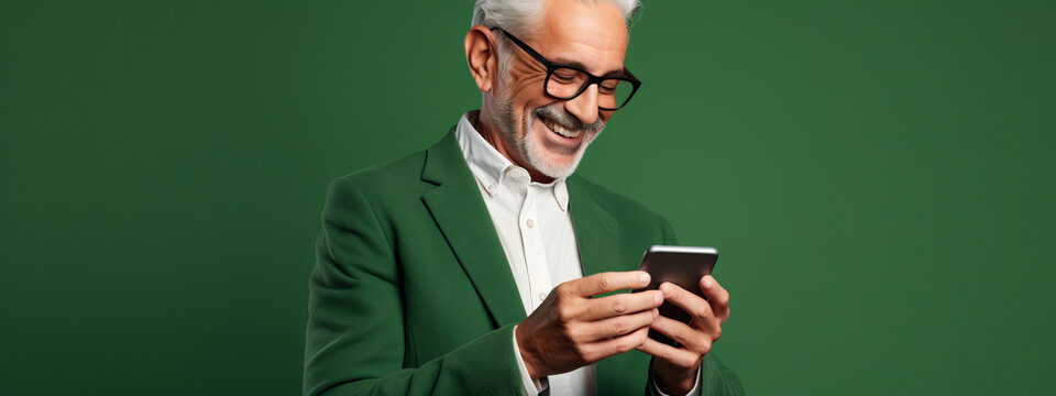 Image of adult mature man with grey white hair holding cellphone