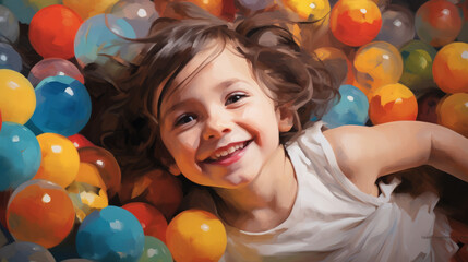 Happy little girl having fun in ball pit in kids indoor play center. Child playing with colorful...