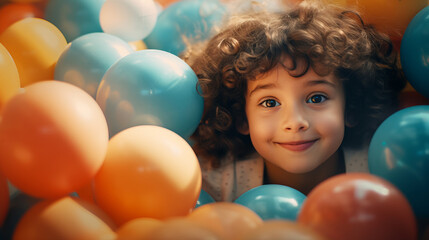 Happy little girl having fun in ball pit in kids indoor play center. Child playing with colorful balls in playground ball pool. - obrazy, fototapety, plakaty