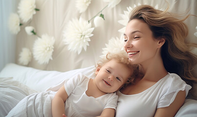 Beautiful young mom and her cute baby  in bed - obrazy, fototapety, plakaty