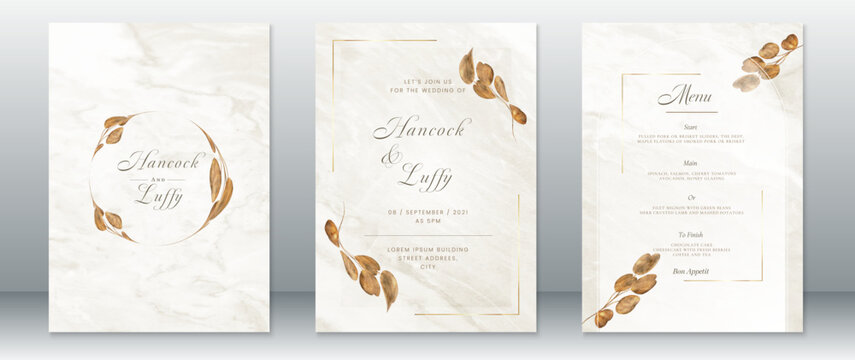 Luxury wedding invitation card template of gold nature design with watercolor background