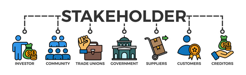 Stakeholder relationship banner web icon vector illustration concept for stakeholder, investor, government, and creditors with icon of community, trade unions, suppliers, and customers