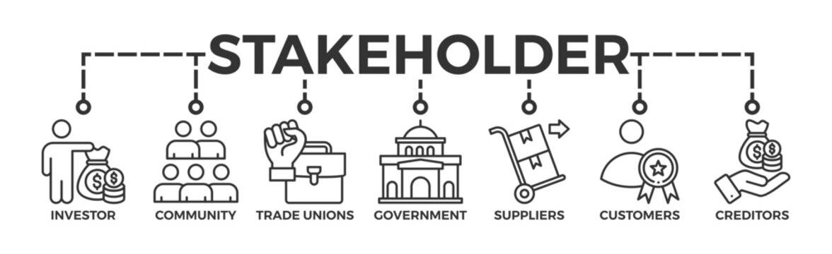 Stakeholder Relationship Banner Web Icon Vector Illustration Concept For Stakeholder, Investor, Government, And Creditors With Icon Of Community, Trade Unions, Suppliers, And Customers