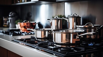 Stainless Steel Cookware Set in Modern Kitchen, Culinary Tools