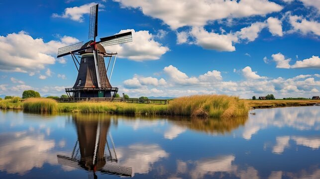 Old Windmill by Pond with Blue Sky Reflection - Powered by Adobe