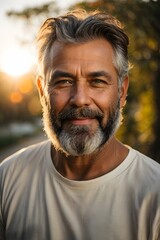 Fototapeta premium full body portrait of senior black bearded male with short brown hair and green eyes, wearing white t-shirt during late autumn sunset with a sunflares in the background. generative ai.