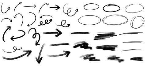 Set of hand-drawn arrows, circles and lines. Collection of hand drawn arrows on a transparent background. Arrow icons