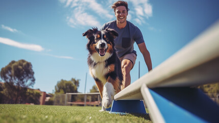 An action-packed shot of a dog owner and their agility-trained dog navigating an obstacle course, Pets with owners, with copy space