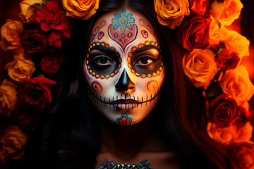 A beautiful woman with long straight hair, celebrating Day of the Dead in Mexico, adorned with traditional marigold flowers and sugar skull makeup