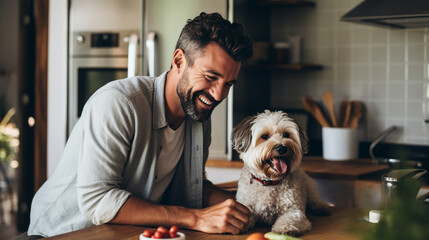 A delightful image of a dog owner and their furry friend hanging out in the kitchen while cooking, Pets with owners, home
