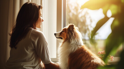 A picturesque moment of a pet owner and their dog gazing out of a window at the world outside, Pets...