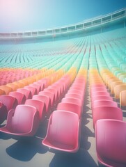 A sea of vibrant chairs beckons in the outdoor stadium, inviting spectators to bask in its beauty and partake in the vibrant energy - obrazy, fototapety, plakaty