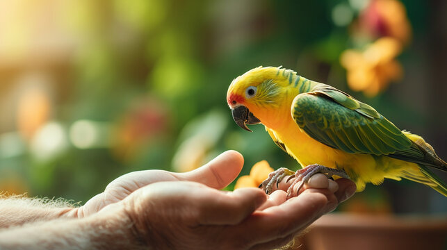 A touching image of an owner hand-feeding their aging pet bird, showing care and affection, Pets with owners, with copy space