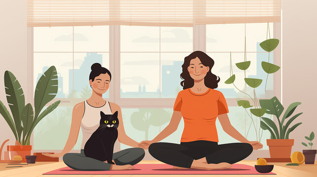 A tranquil home yoga session with a pet owner practicing poses alongside their curious cat, Pets with owners, home