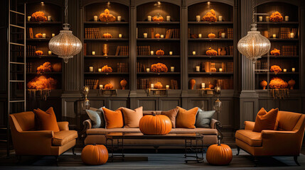 Obraz premium Pumpkin Display in a Grand Library