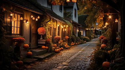 Fototapeta premium Pumpkin-Lined Alley in a Historical Village