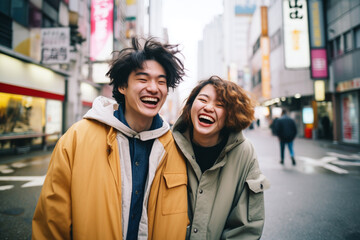Young Beautiful couple laughs happily and walks through the streets of Tokyo