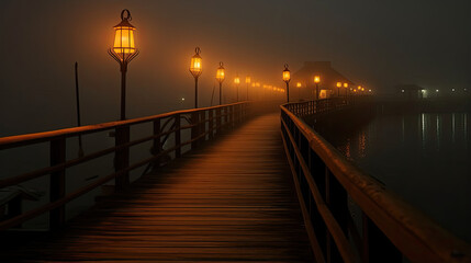 Obraz premium Pumpkin Lanterns Along a Foggy Pier