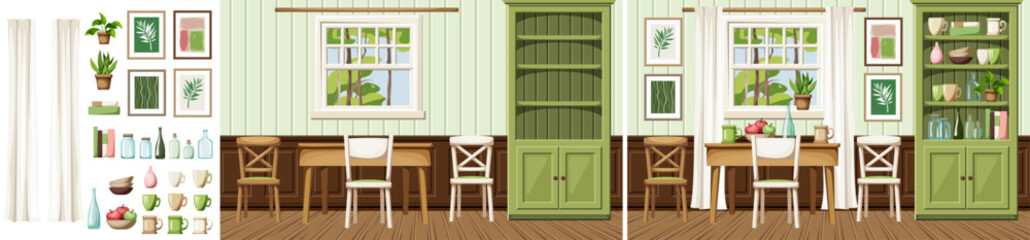 Dining room interior with a table, chairs, a green cupboard, and a window. Cozy dining room interior design. Home decoration before and after. Interior constructor. Cartoon vector illustration