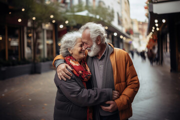 Senior couple are smiling for the camera while standing in front of the europian city