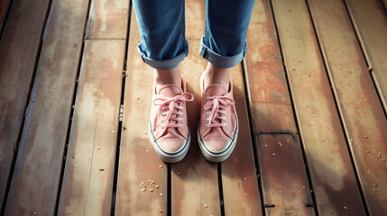 Girl shoes over wooden deck floor