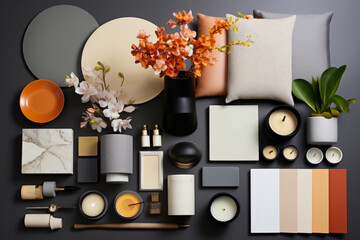 Home staging kit with furniture swatches, decor items, and design plans, isolated over a gray wall background, Generative AI