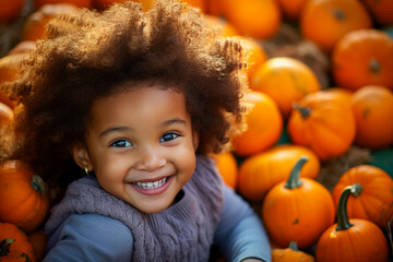 Happy girl with pumpkins for Thanksgiving in a pumpkin plantation.
