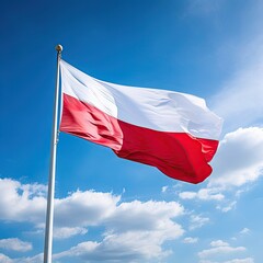 Flag of Poland waving at wind against beautiful blue sky