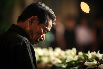 Elderly asian man with funeral sorrow and flowers in church - obrazy, fototapety, plakaty