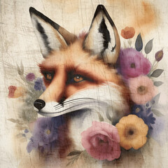 red fox on wooden background.Fox face surrounded by colorful flowers, retro style image.