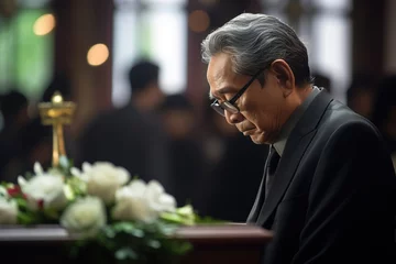 Foto op Plexiglas Elderly asian man with funeral sorrow and flowers in church © Rudsaphon