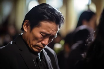 Foto op Plexiglas anti-reflex Elderly asian man with funeral sorrow and flowers in church © Rudsaphon