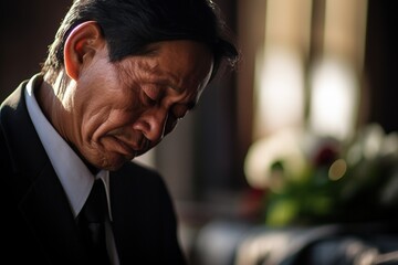 Elderly asian man with funeral sorrow and flowers in church