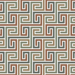 Seamless geometric pattern. Labyrinth made of interlocking green, brown, and beige lines on a white background. Traditional chinese pattern. Striped retro design. Decorative vector illustration.