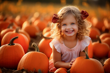 Happy girl with pumpkins for Thanksgiving in a pumpkin plantation.
