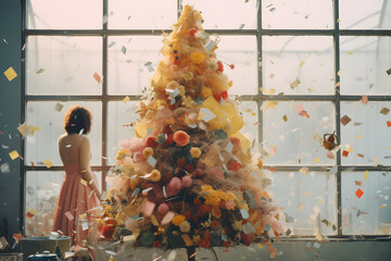 New Year elegant floral Christmas tree made of pastel flowers and candy crystal ornaments in an indoor romantic setting with flying confetti. Girl in a dress, standing next to window looking the snow