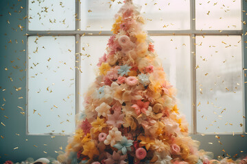 New Year elegant floral Christmas tree made of pastel flowers and candy crystal ornaments in an indoor romantic setting with flying confetti. Festive Xmas holiday season, modern muted color banner