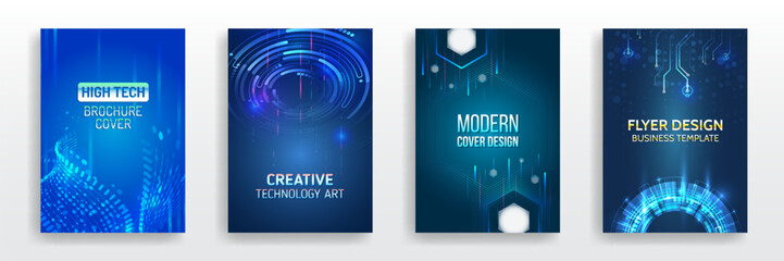 Futuristic design for medical, scientific, computer flyers, brochures, and webinar pages. High-tech corporate document cover design. Blue set of hi-tech covers for presentation and marketing.