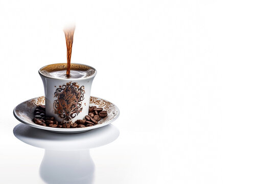 Hot delicious black Turkish coffee in a mug with a decorative oriental pattern - Powered by Adobe