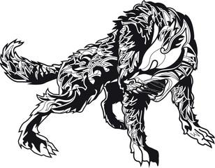 Fenrir wolf in full growth savage animal tattoo logo