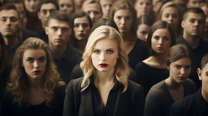 Fototapeta premium Stand out from the crowd concept with blonde woman standing out from large crowd of people
