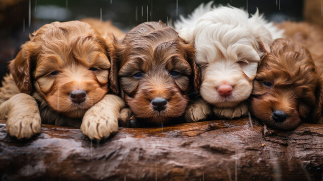 Cute Cocker Spaniel puppies sleep sweetly on wood in the rain