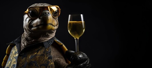 New Year's Eve, Sylvester, New Year or birthday party celebration greeting card - A funny turtle with champagne glass, champagne cheers during a celebration, isolated on black background - obrazy, fototapety, plakaty